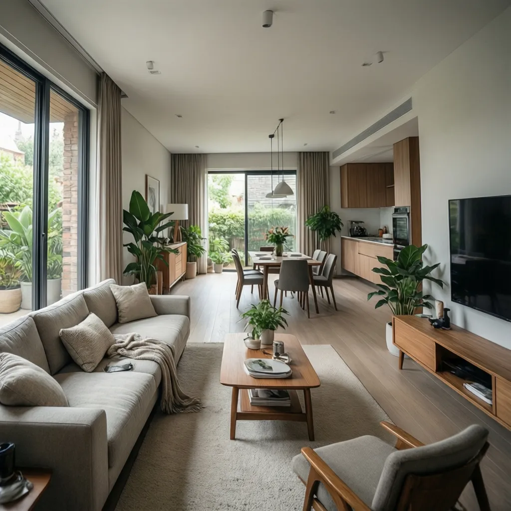 Modern open plan living room with grey sofa wood coffee table dining area and plants