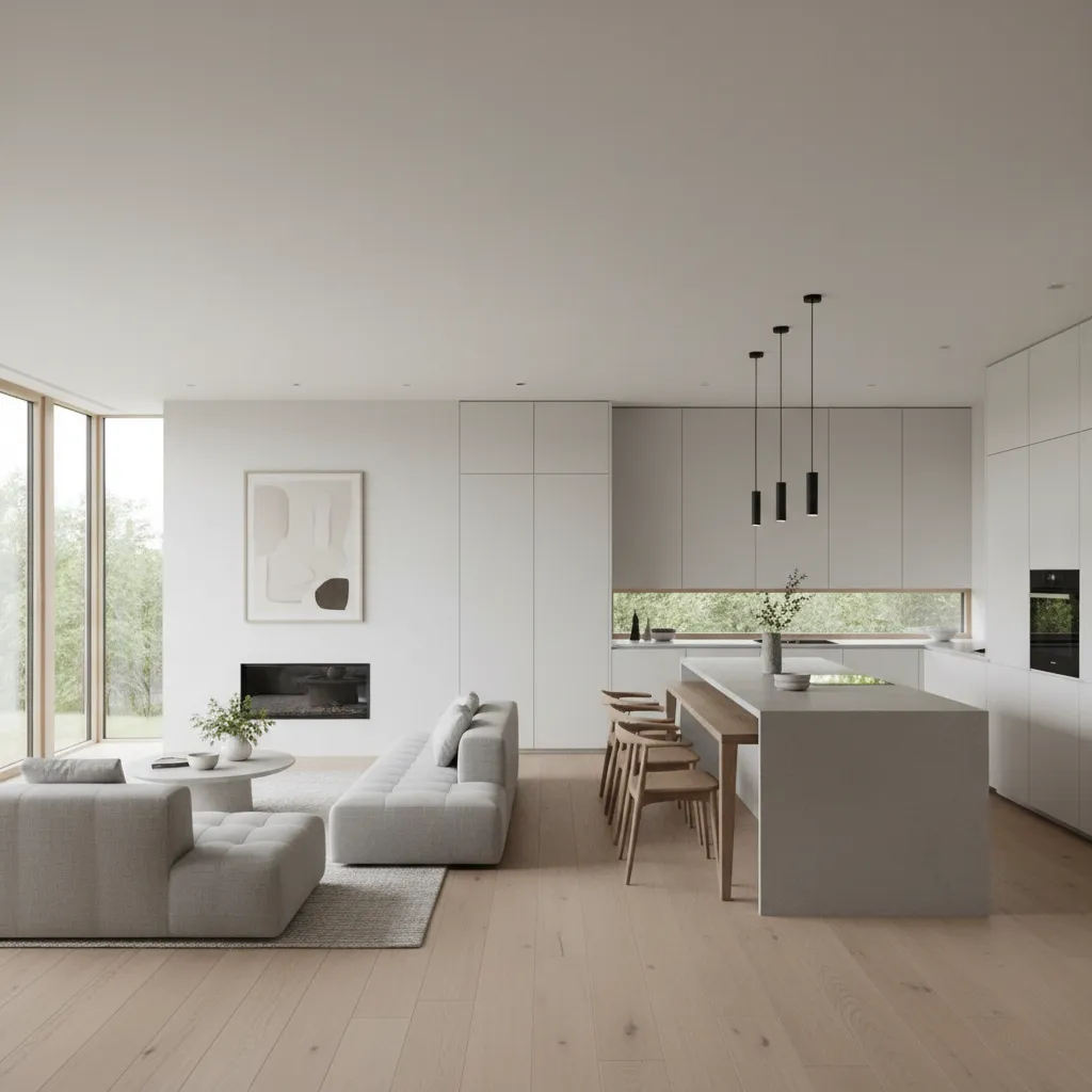 Minimalist open plan living room and kitchen featuring grey sofas kitchen island and ceiling lights