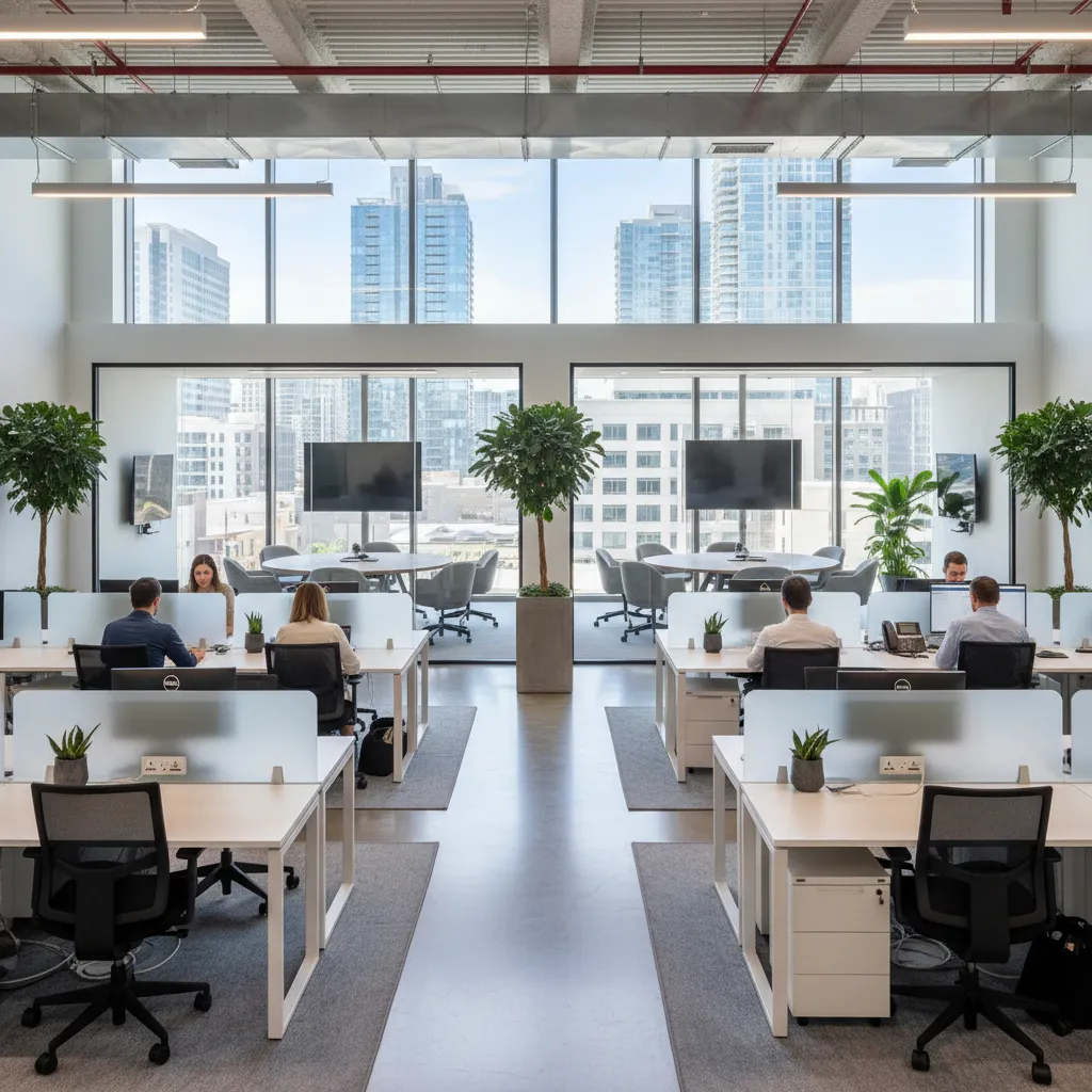 Oficina open space con escritorios compartidos y salas de reunión acristaladas