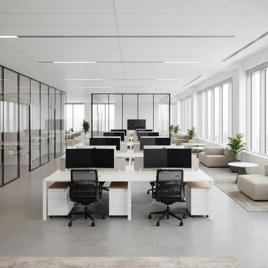 Espacio abierto de oficina moderna con estaciones de trabajo