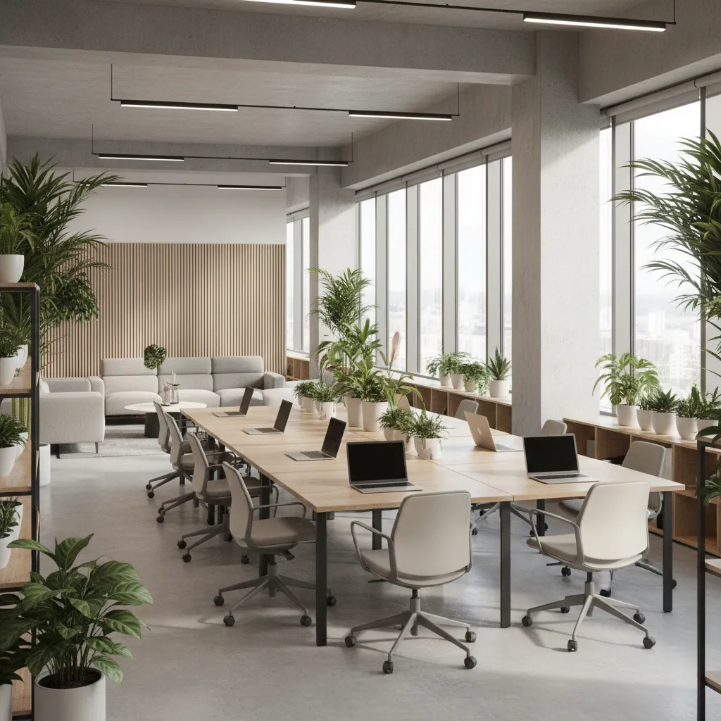 Zona open space en una oficina moderna con mesas compartidas