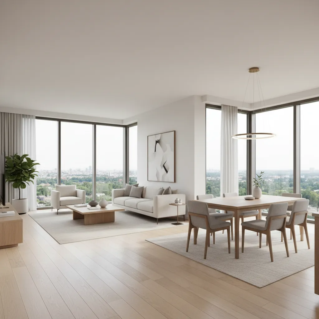 Modern living room with grey sofa, wood floor, dining table, ceiling light, and city view