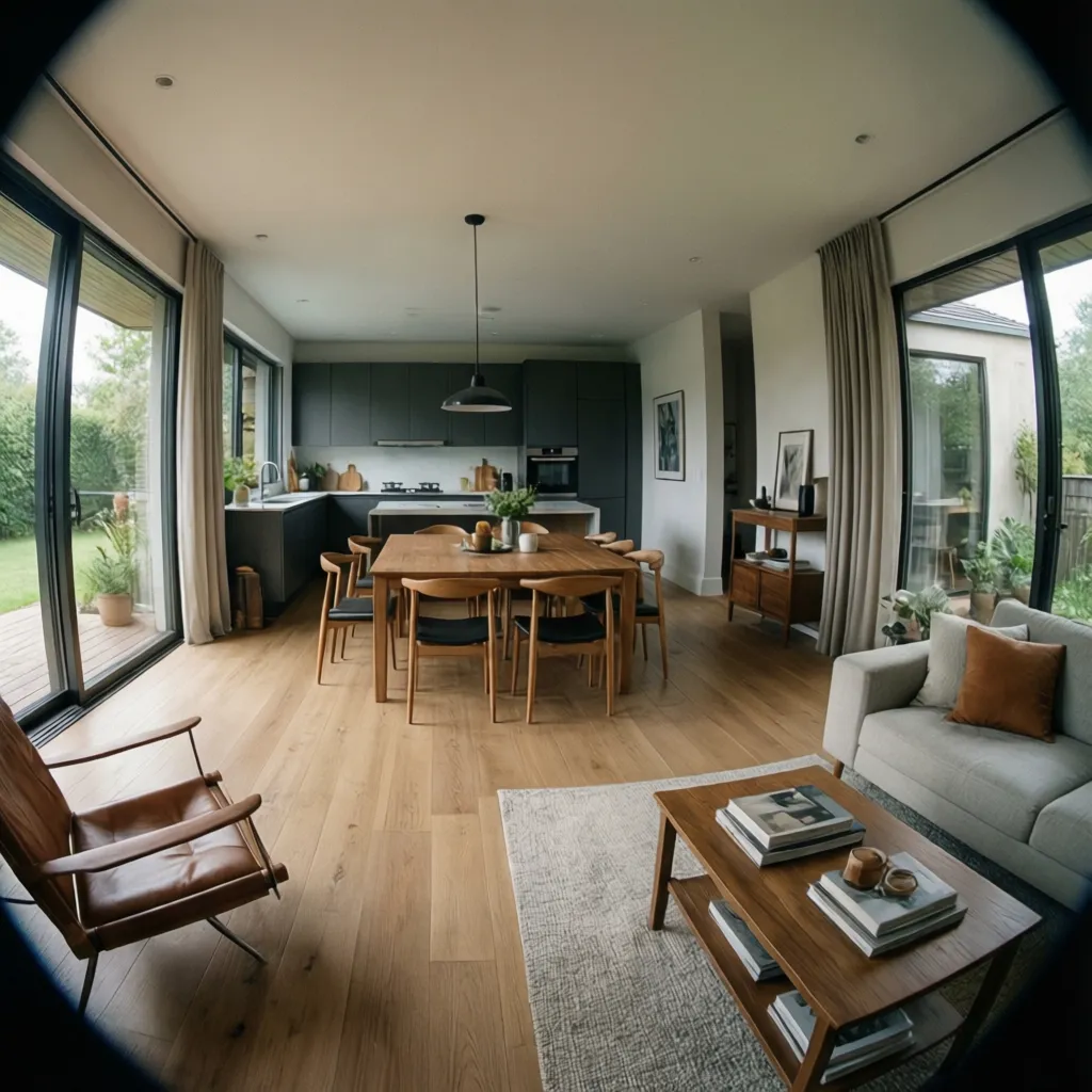 Open plan living area with wooden dining table dark kitchen cabinets and large glass windows