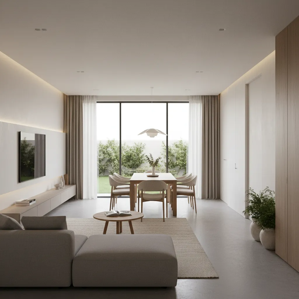 Ruang tamu dan ruang makan open space pada rumah kecil