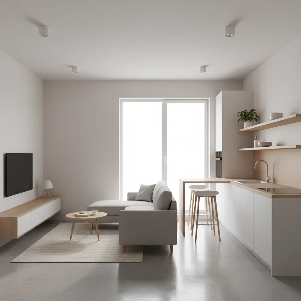 Minimalist living room and kitchen area with grey sofa white cabinets wooden table and window