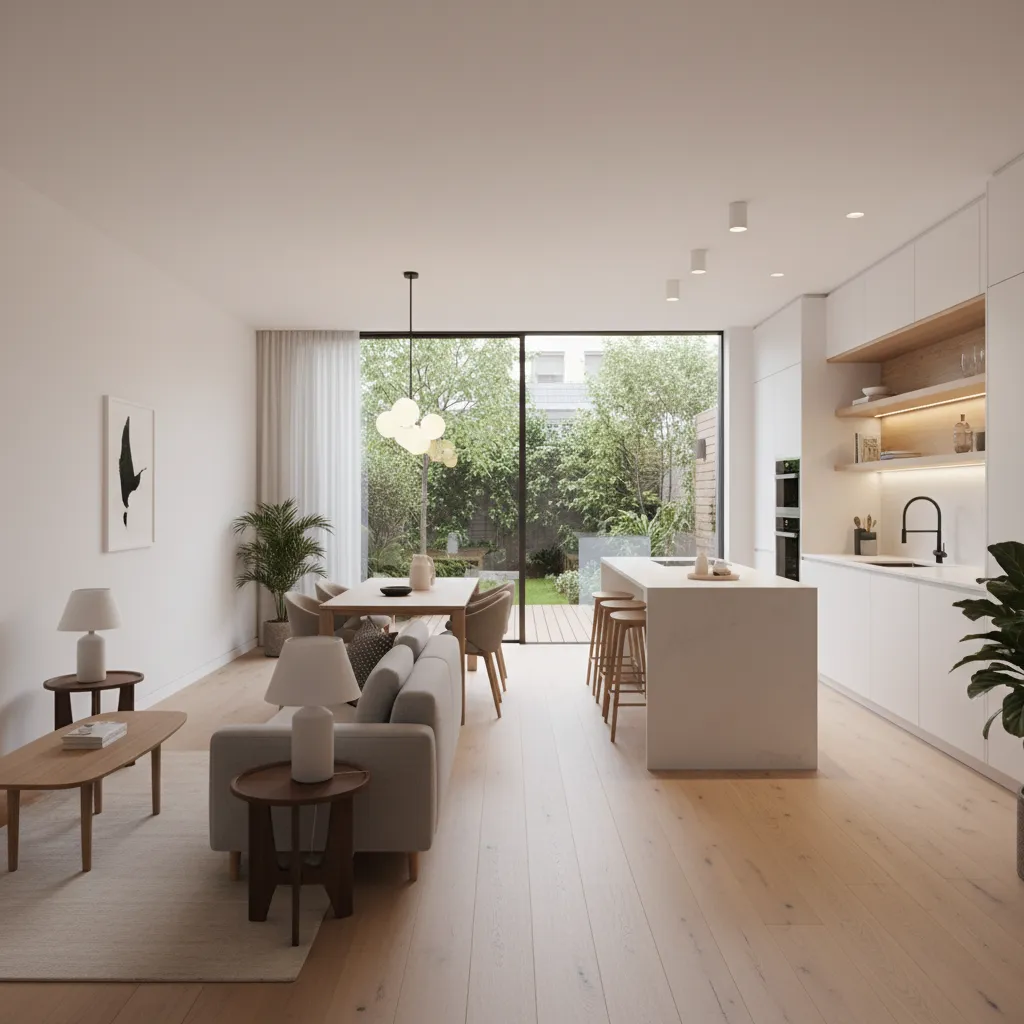Modern open plan living room with grey sofa dining table white kitchen island garden view