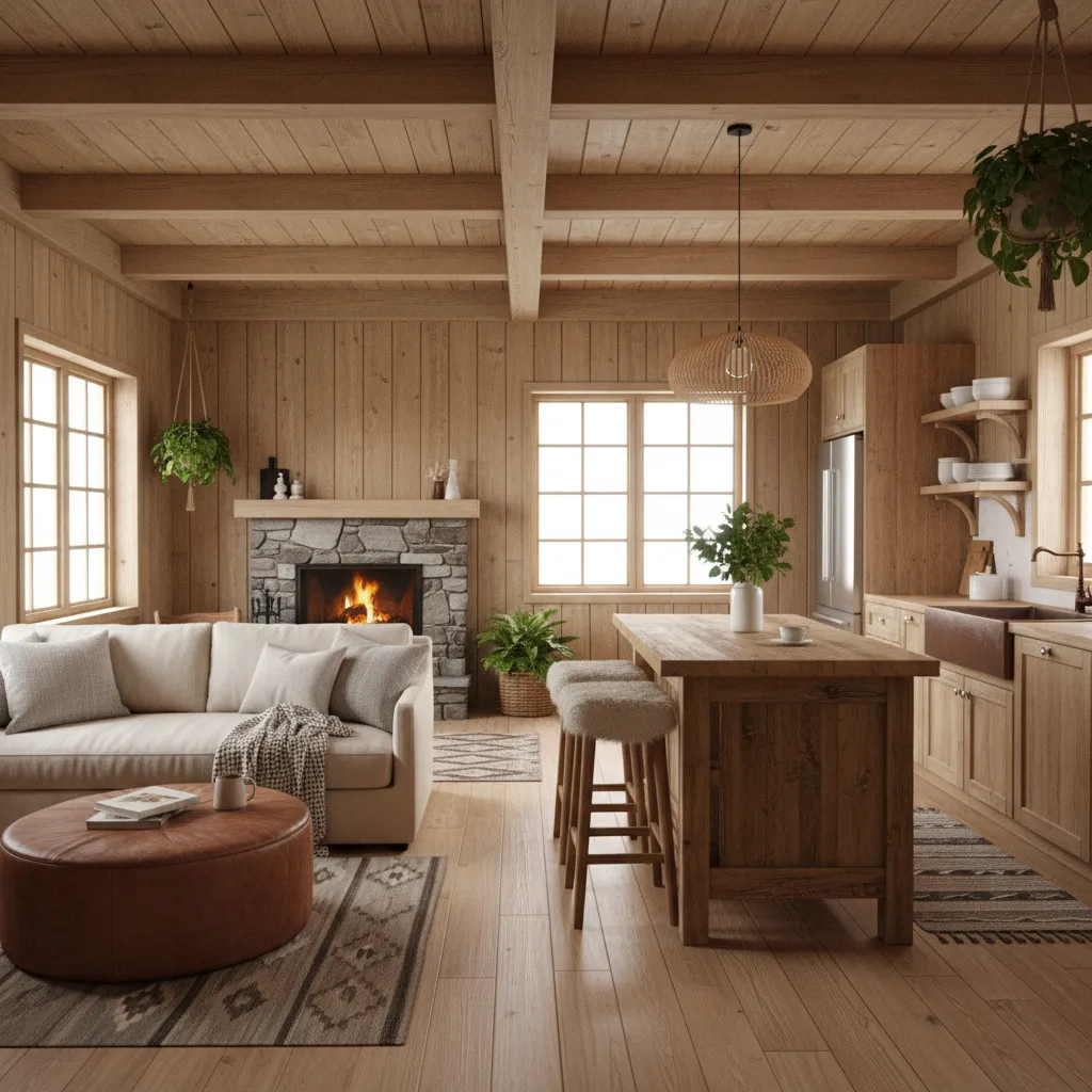 Interior rumah kayu kecil dengan ruang terbuka