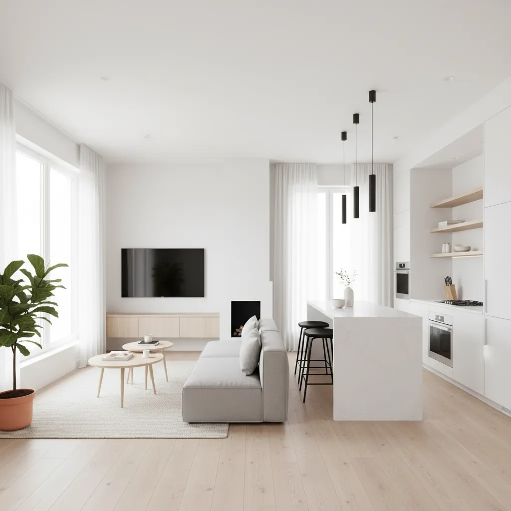 Interior rumah kecil dengan ruang tamu dan dapur tanpa sekat