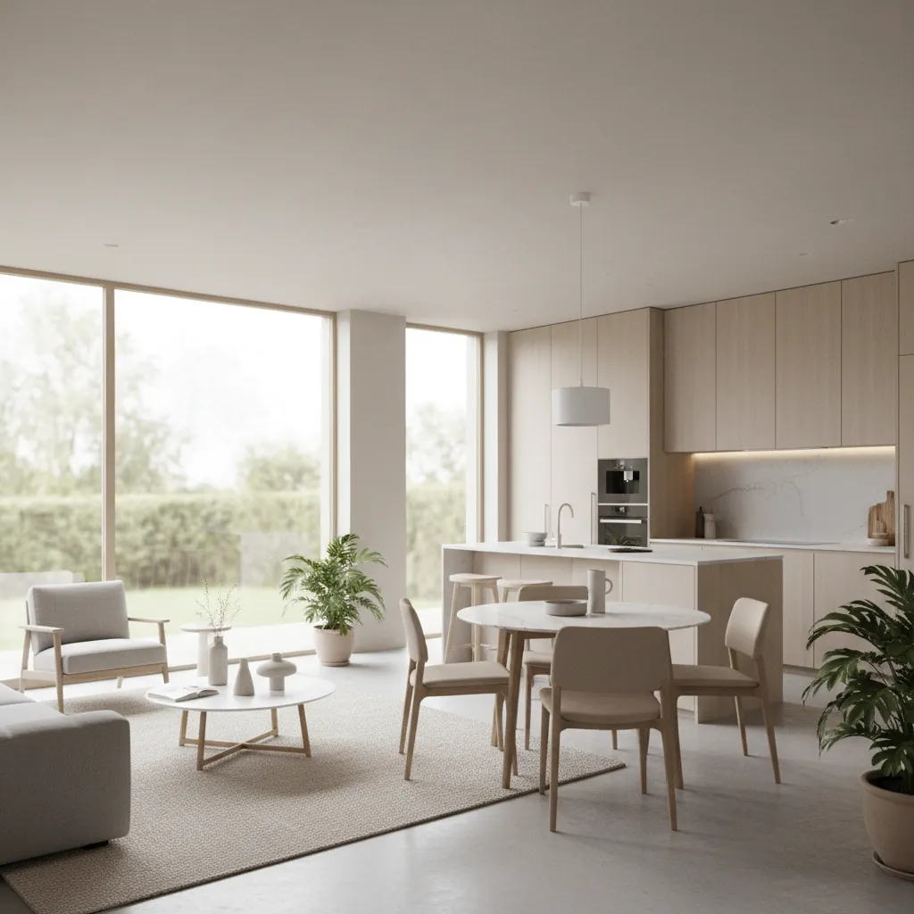 Modern open kitchen and dining area with light wood cabinets white island and large windows
