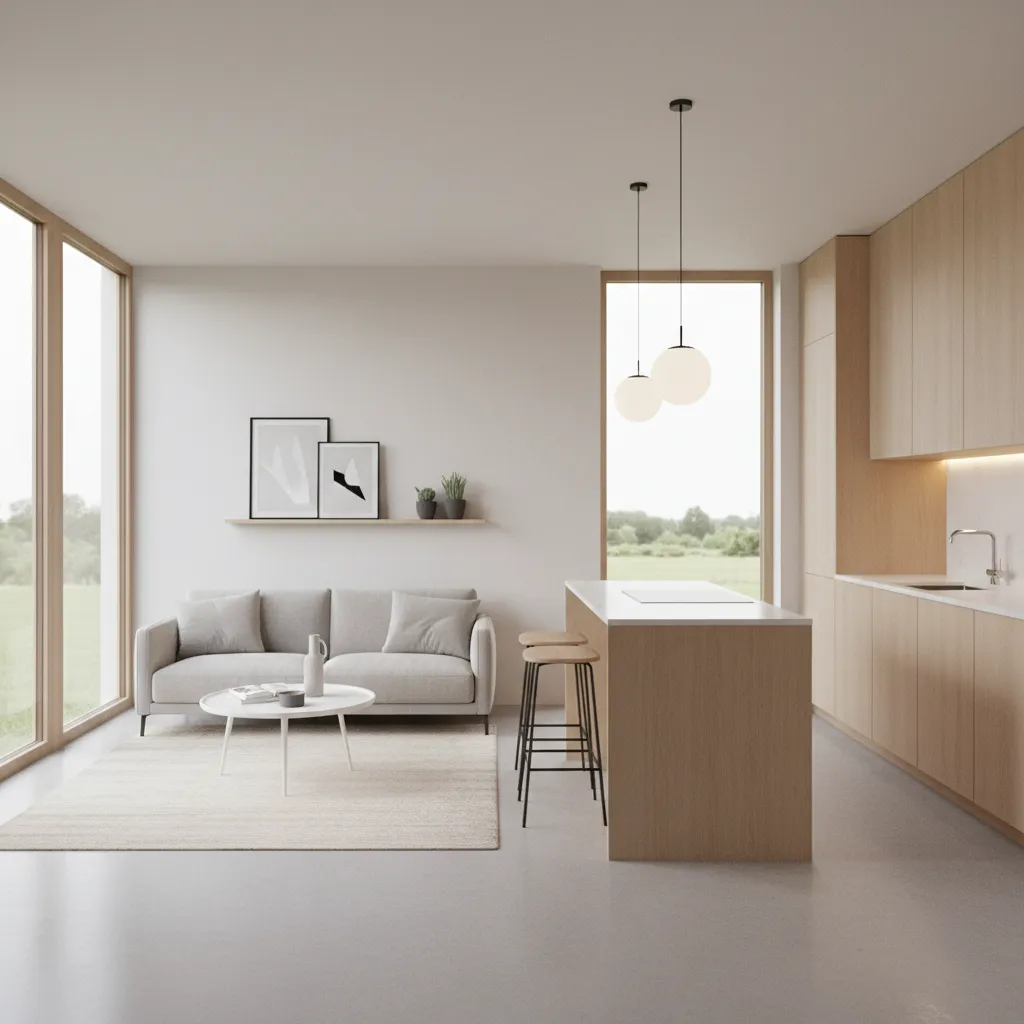 Modern open plan living area with grey sofa, coffee table, wooden cabinets, and kitchen island