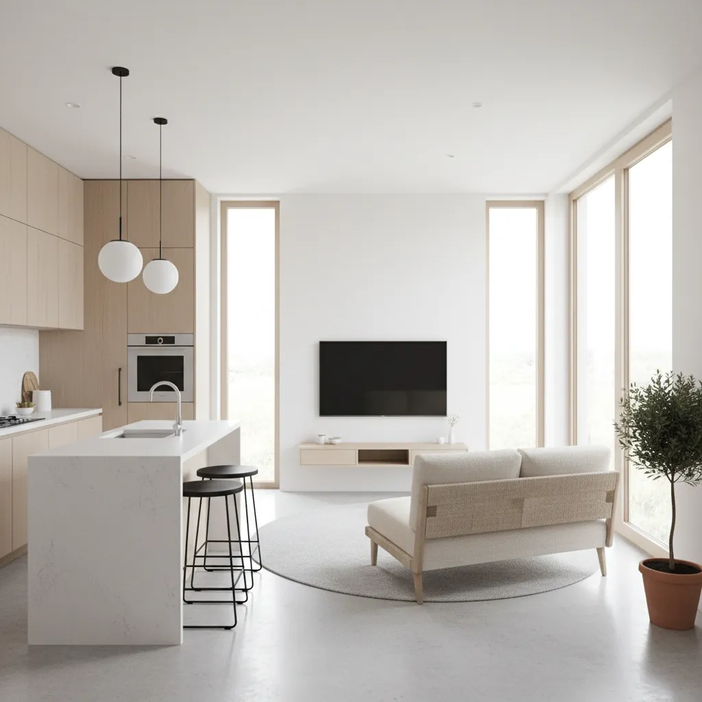 Ruang tamu dan dapur open space rumah kecil