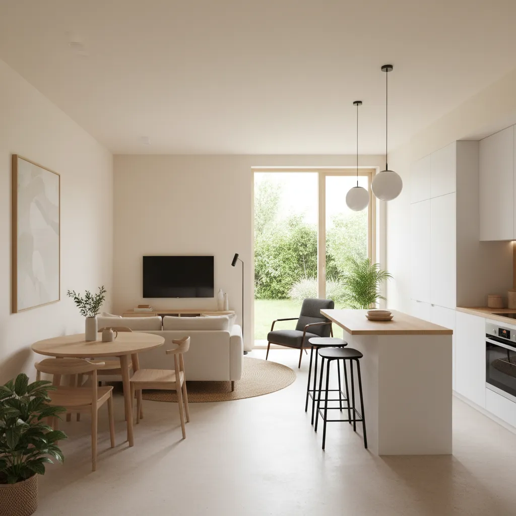 Modern open plan living room featuring white walls wooden dining table sofa and kitchen island