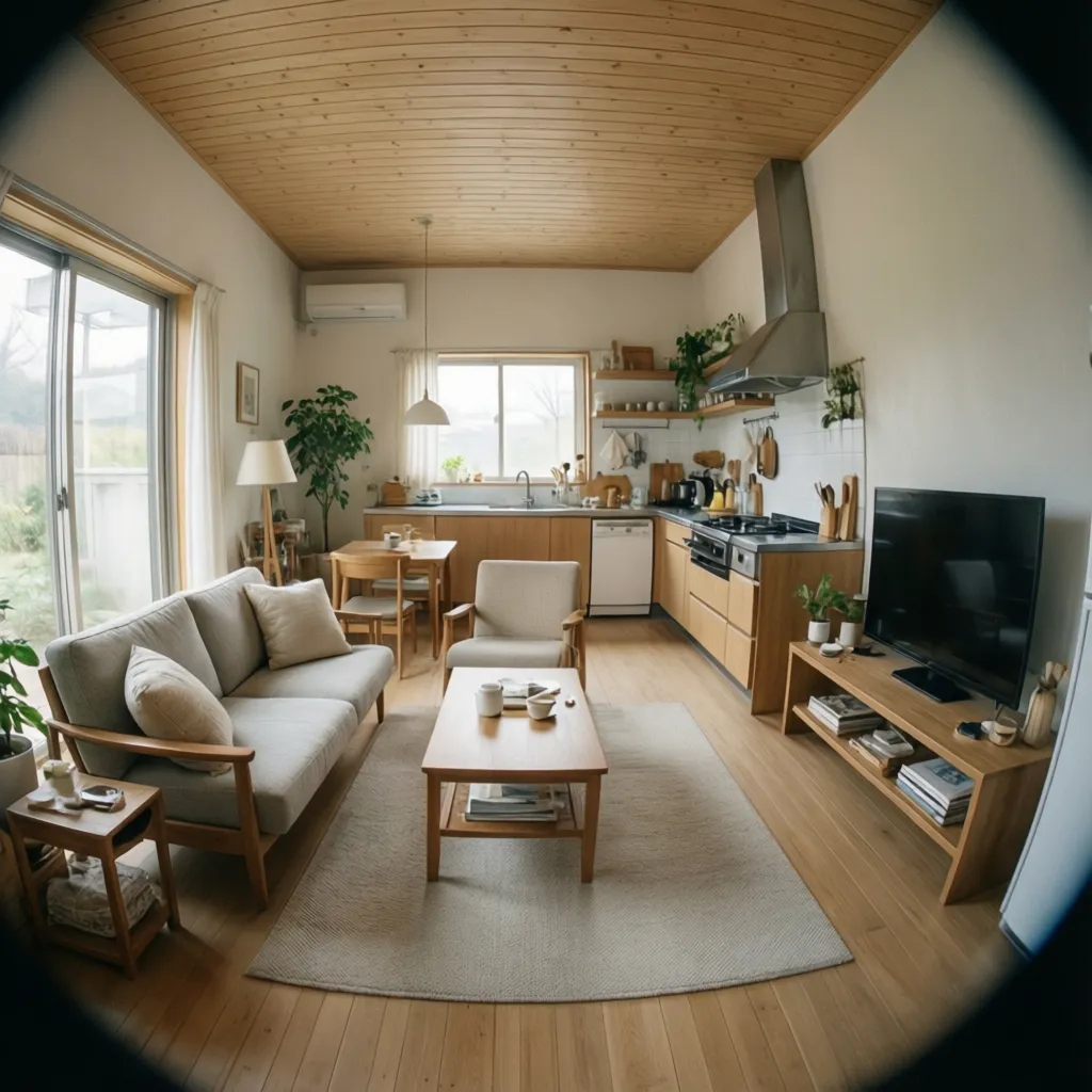 Open plan room layout with wood ceiling, grey sofa, wooden coffee table, and small kitchen
