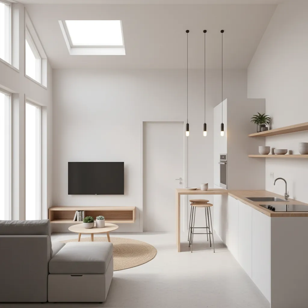 Modern white living room and kitchen with wooden counter bar stool sofa and roof window