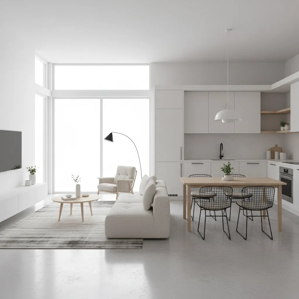 Interior rumah kecil dengan ruang tamu, makan, dan dapur menyatu