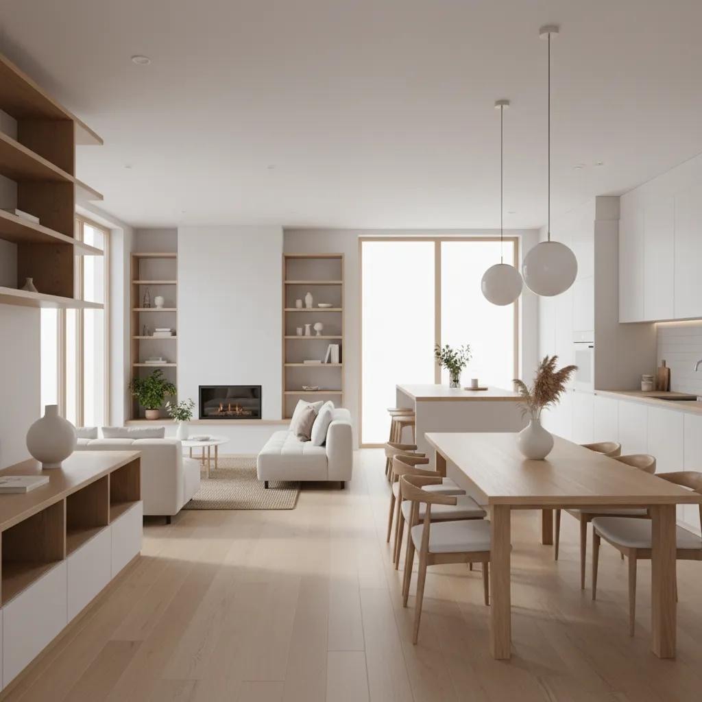 Modern open living space with white sofa wooden dining table fireplace shelving and ceiling lights