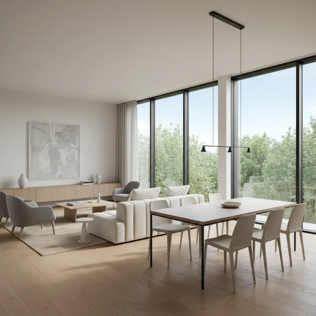 Modern living room and dining area with large windows, wooden table, grey sofa, and natural light