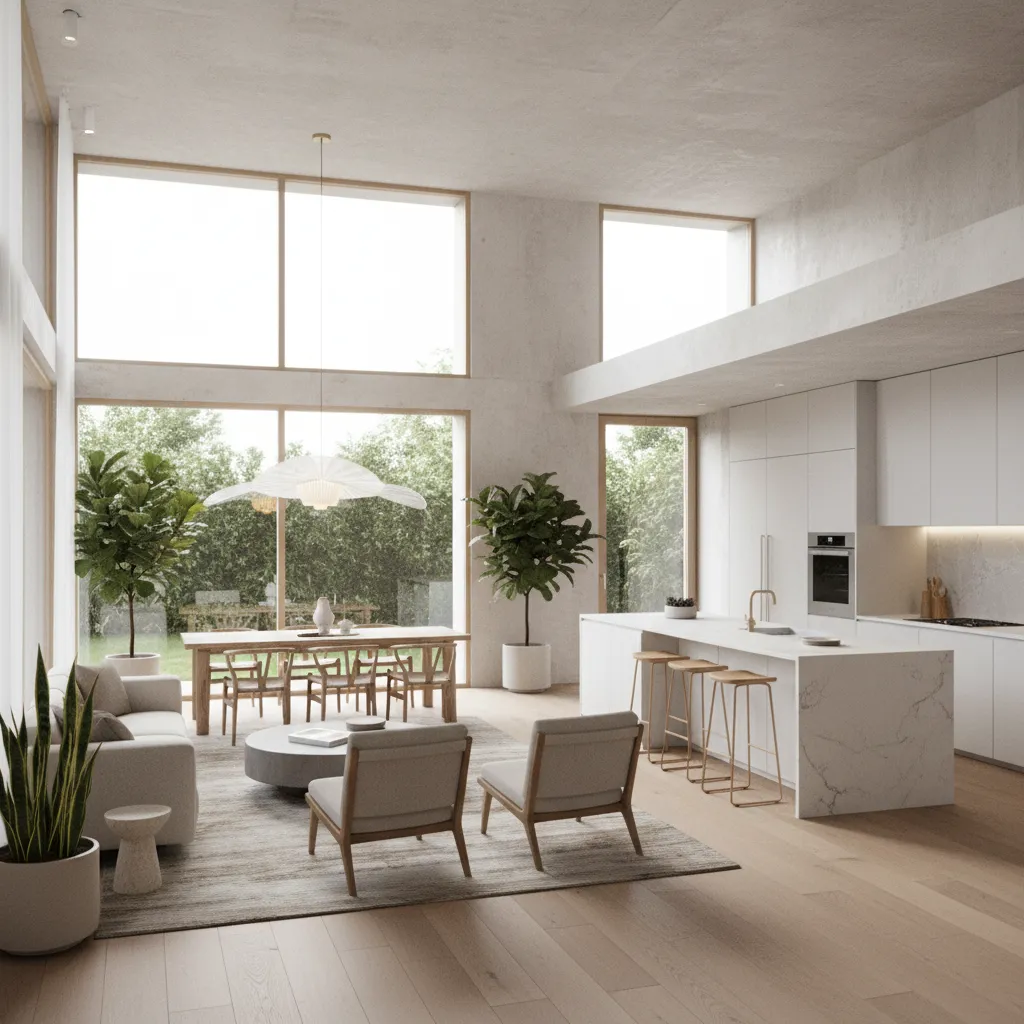 Modern open kitchen and living room with white cabinets island wooden floor sofa and windows