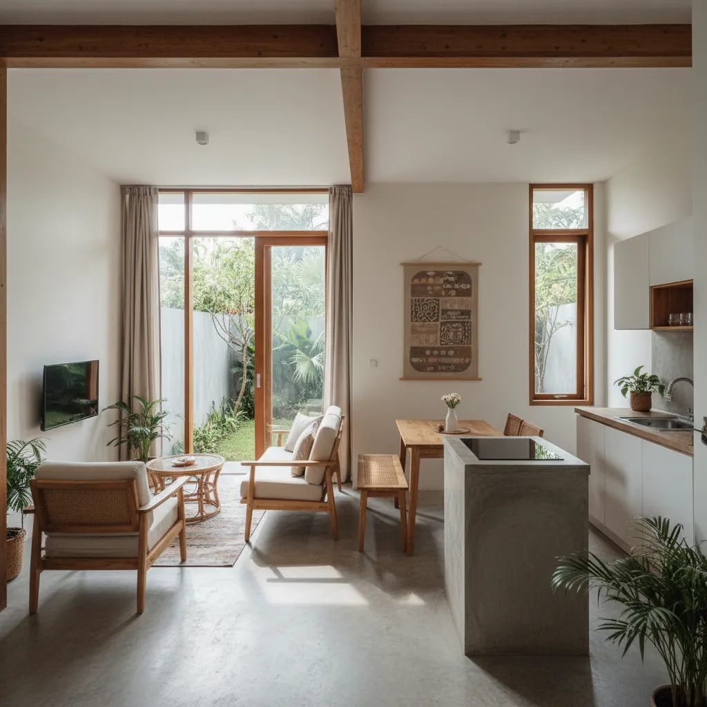 Small open plan room with wooden sofa dining table and kitchen area near garden view windows