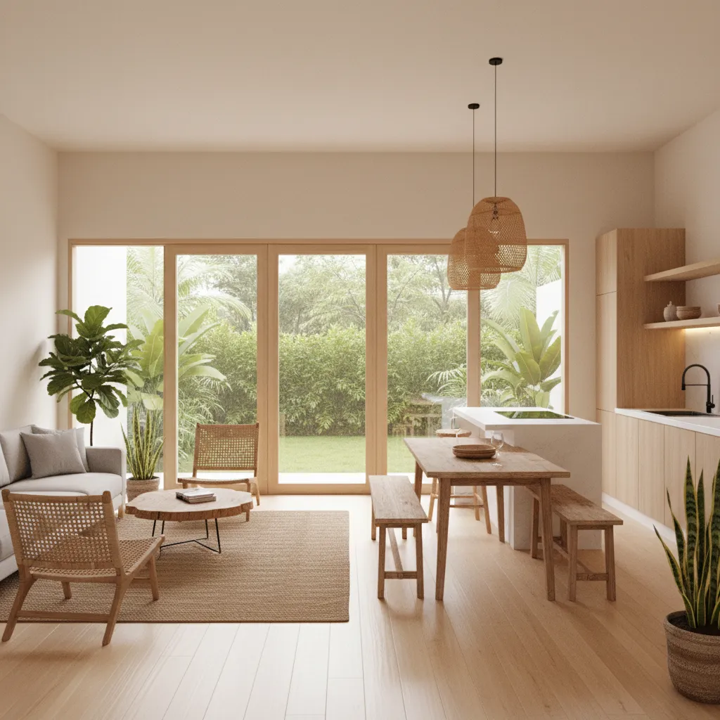 Open plan living room with wooden dining set woven chairs ceiling light and garden views