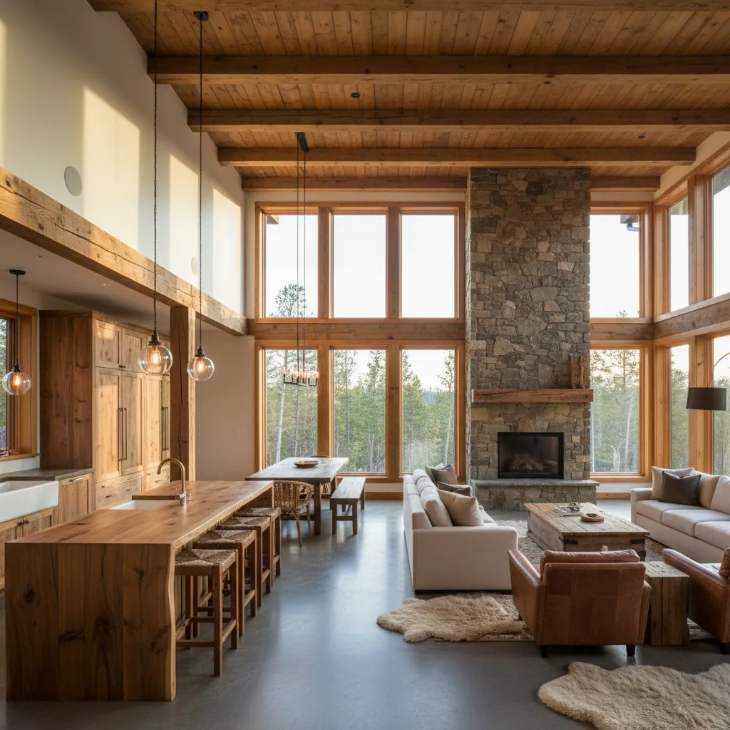 Espacio abierto en casa rústica moderna con cocina y salón conectados