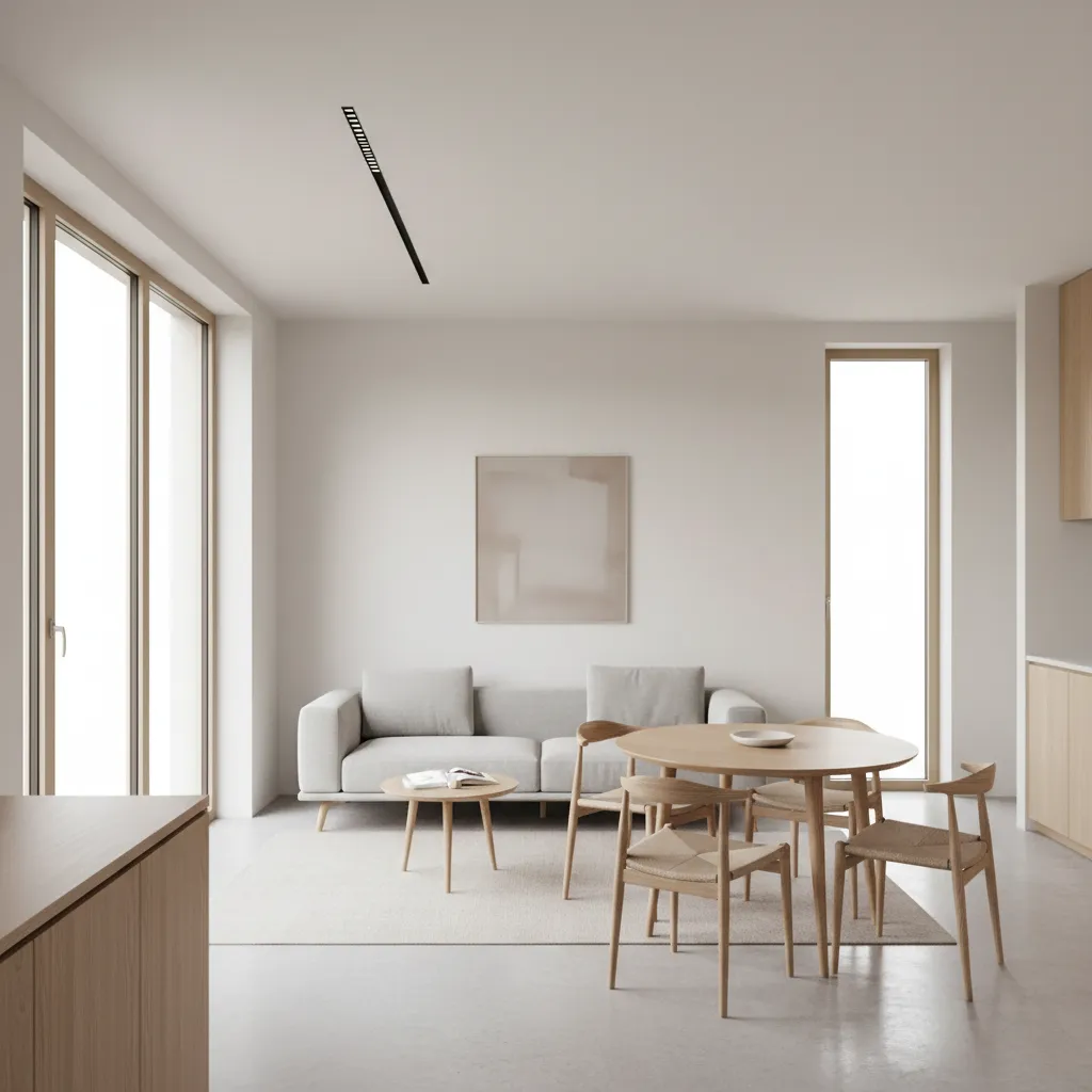 Minimalist open living room with grey sofa, wooden dining table, chairs, and large bright windows