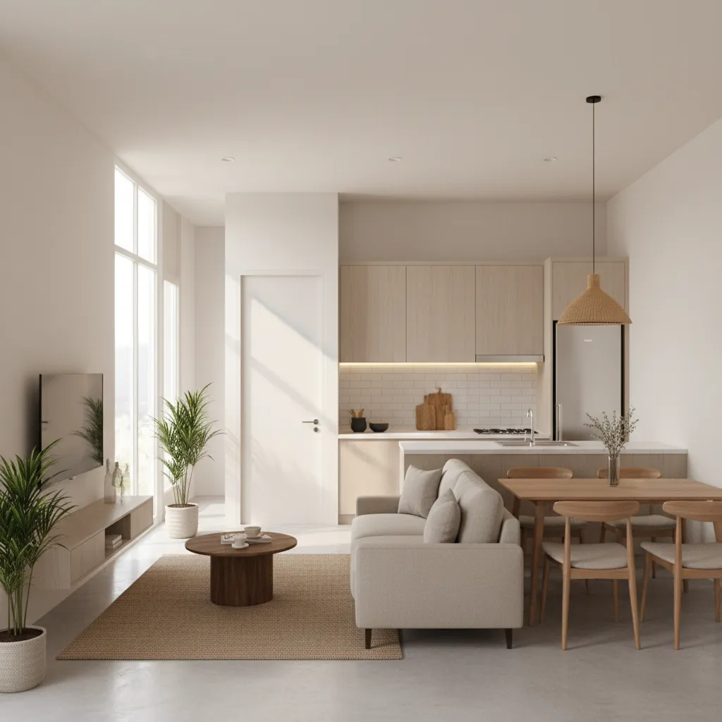 Modern open plan living room with beige sofa wooden dining table light cabinets and plants