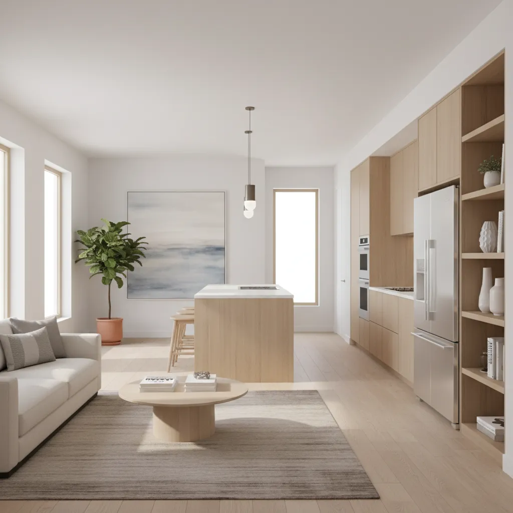 Không gian mở phòng khách và bếp trong nhà cấp 4 nhỏ