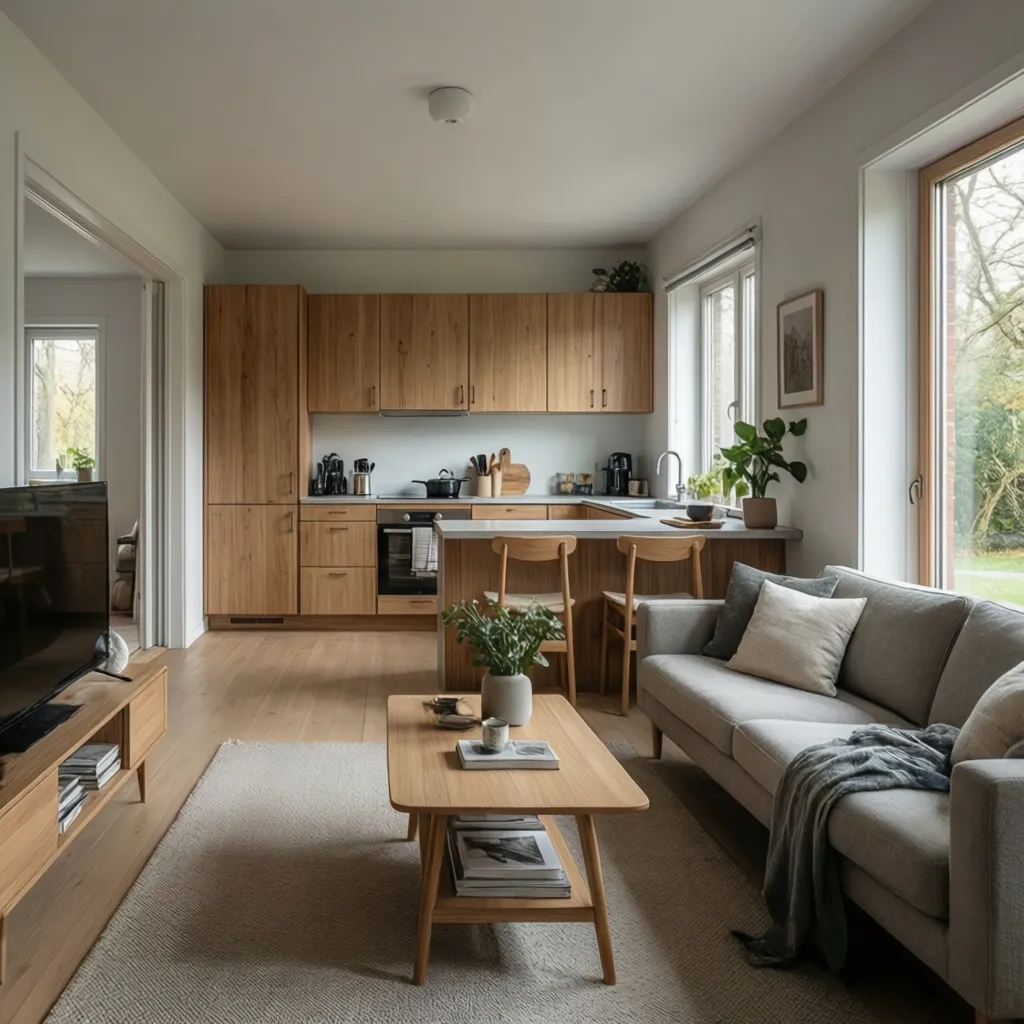 Modern open kitchen and living room with wooden cabinets grey sofa coffee table and windows