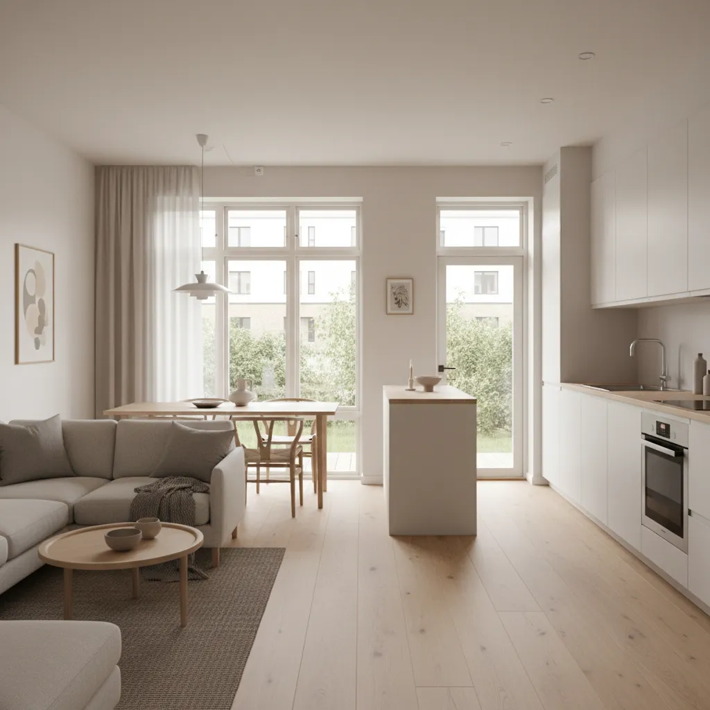 Interior de casa pequeña con sala comedor y cocina abiertos