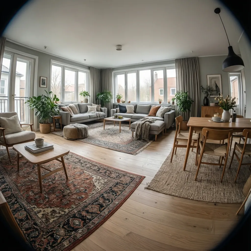 Espacio abierto con diferentes zonas definidas por muebles y alfombras