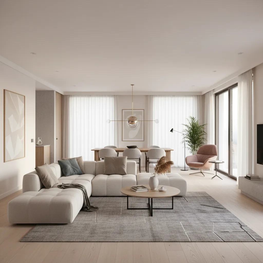 Open square living room with multiple zones including seating and dining