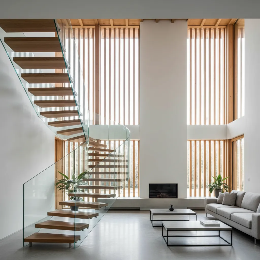 Escalera abierta con iluminación natural en una casa moderna