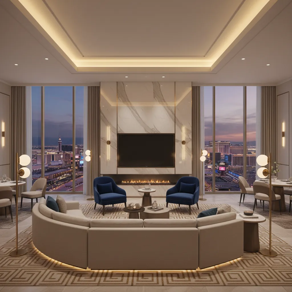 Open plan hotel suite living area with sofa lounge and media wall