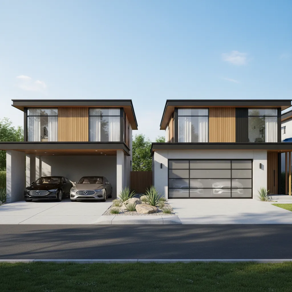 Modern house design comparison showing open parking space on left and closed garage on right