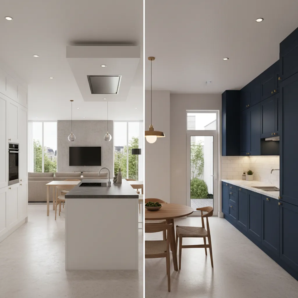 comparison between open kitchen layout and closed kitchen layout in small home