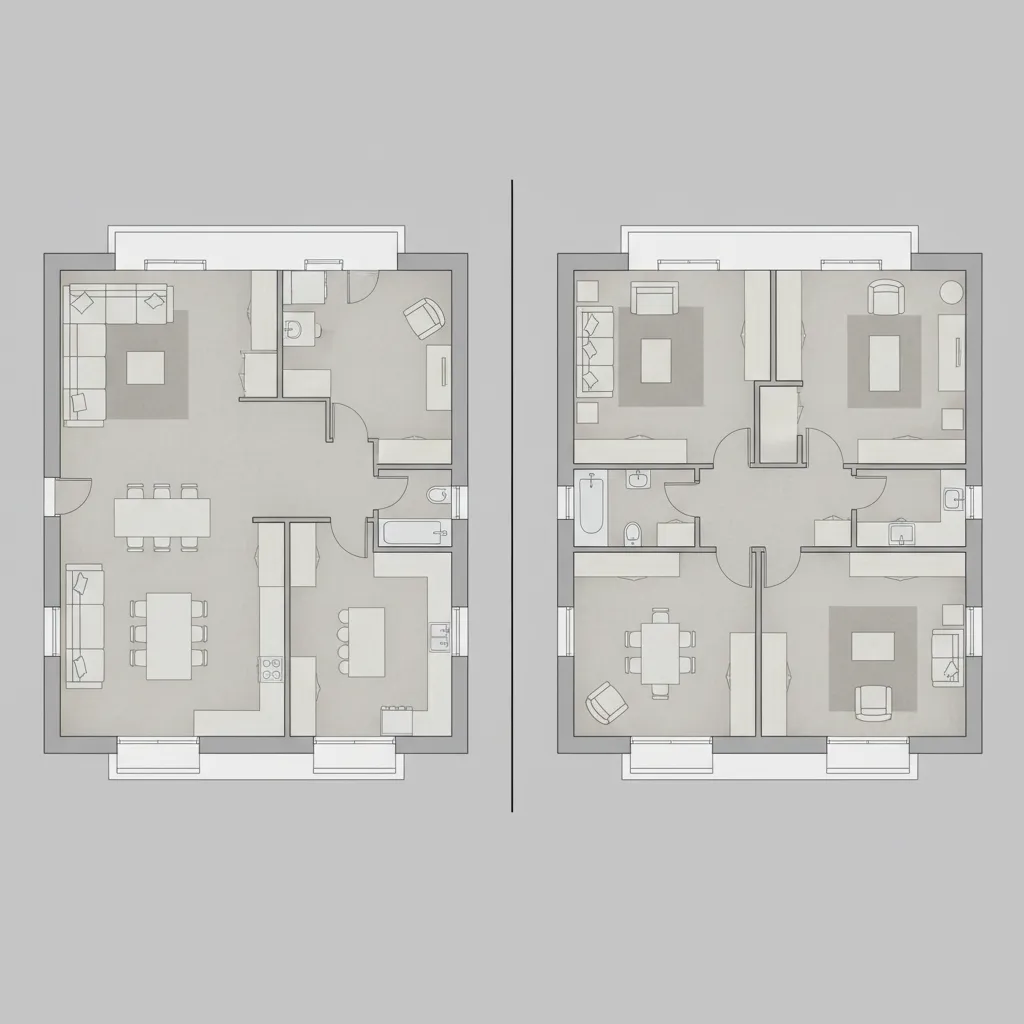 Comparison of open floor plan and multi room layout affecting baseboard perimeter