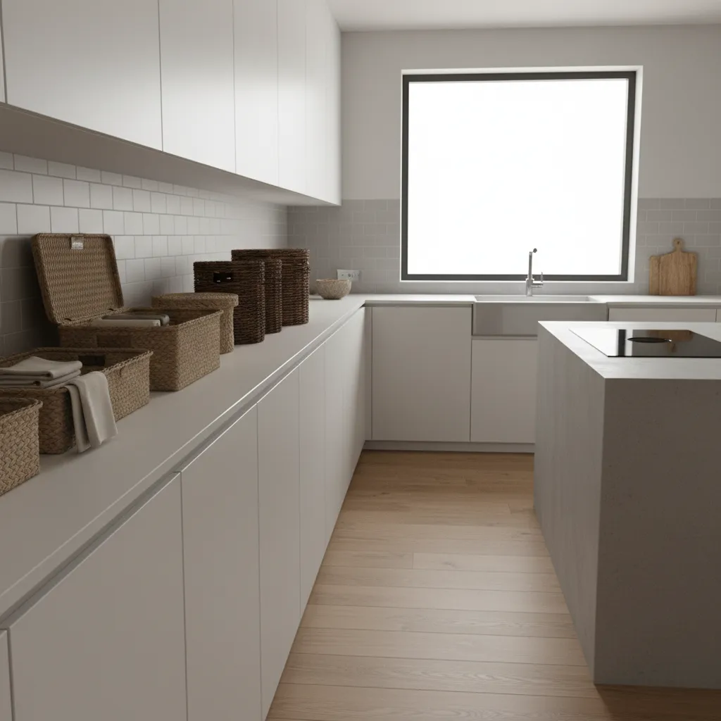 Comparison of open baskets and lidded baskets used above kitchen cabinets