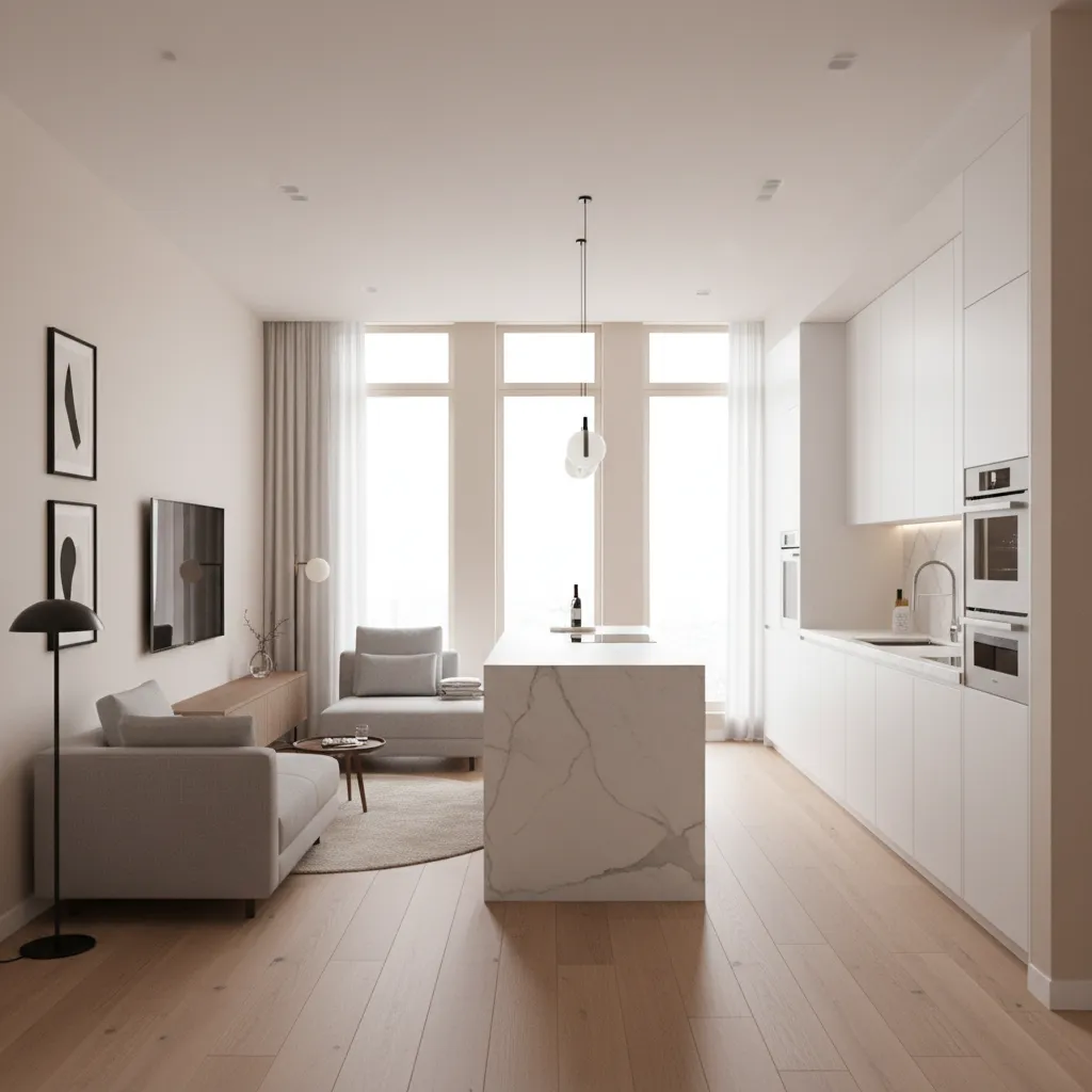 Semi open layout showing kitchen and living zones in a small home