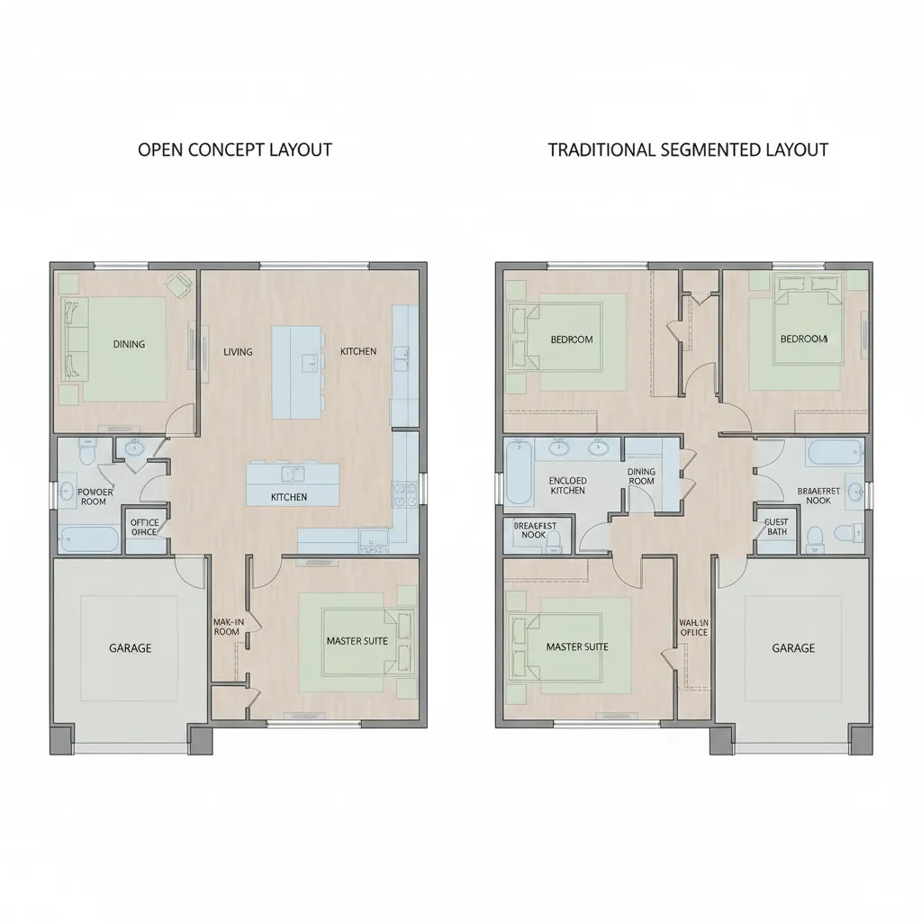 Open concept vs traditional floor plan comparison diagram