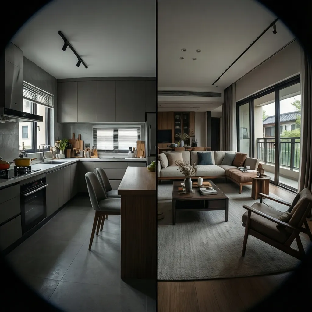 Split screen view of a dark modern kitchen and a bright living room with sofa