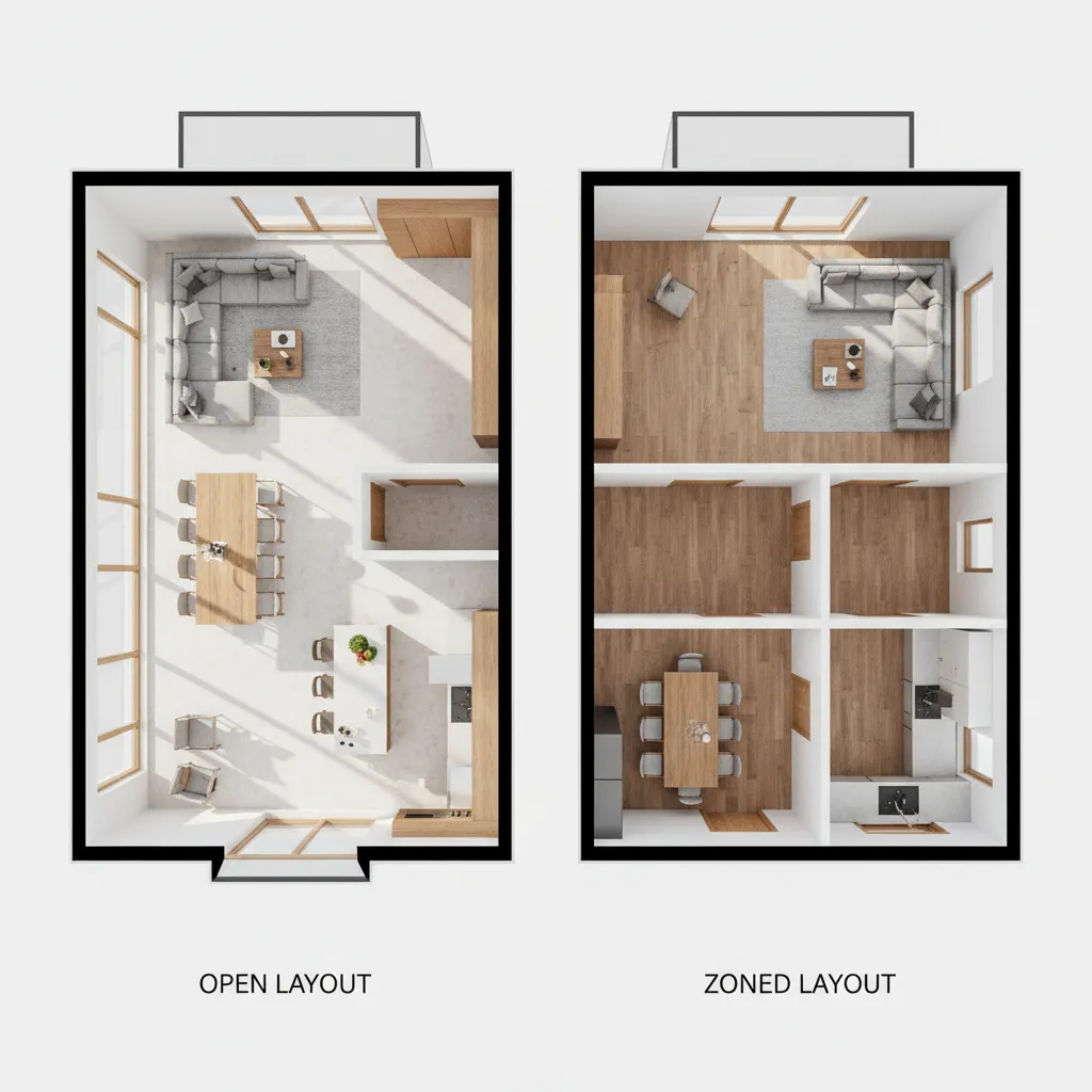 Comparison of open floor plan and zoned layout in a single story home