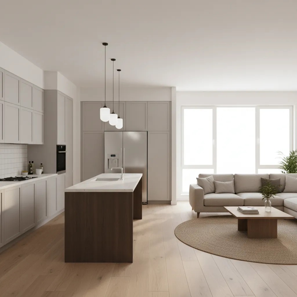 Open kitchen connected to living room with island replacing the wall