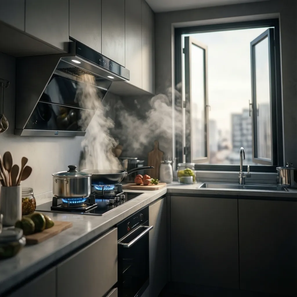 Open kitchen windows and range hood ventilation removing cooking odor