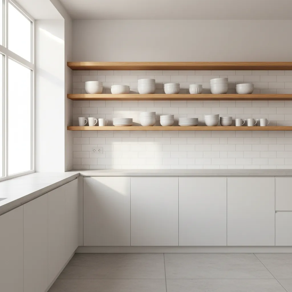 open wooden racks mounted on kitchen wall holding dishes and bowls