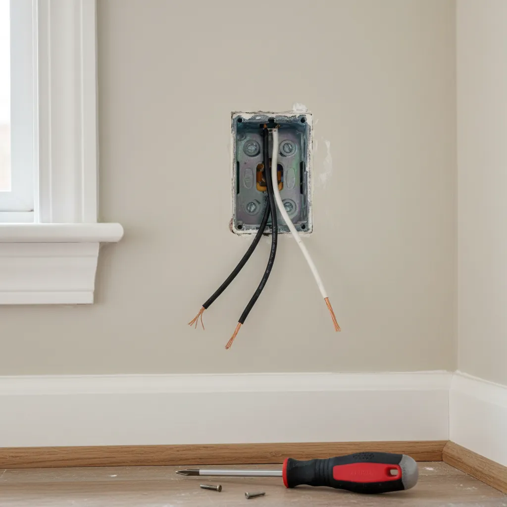 Wall switch removed showing electrical wires inside switch box