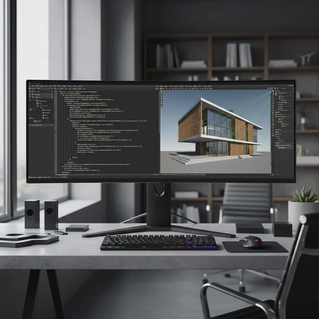 Pantalla de ordenador mostrando código de modelado y un modelo 3D de casa
