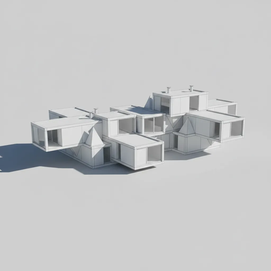 Modelo 3D paramétrico de una vivienda simple generado con geometría básica