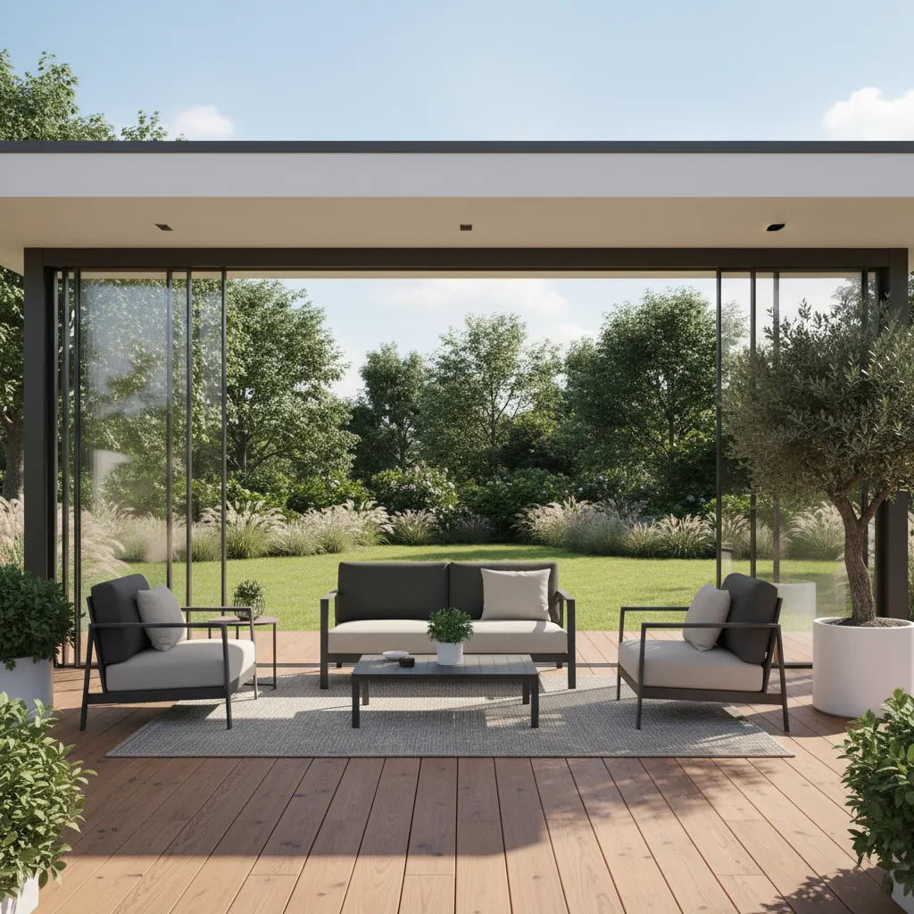 sliding operable glass wall panels open on modern enclosed patio