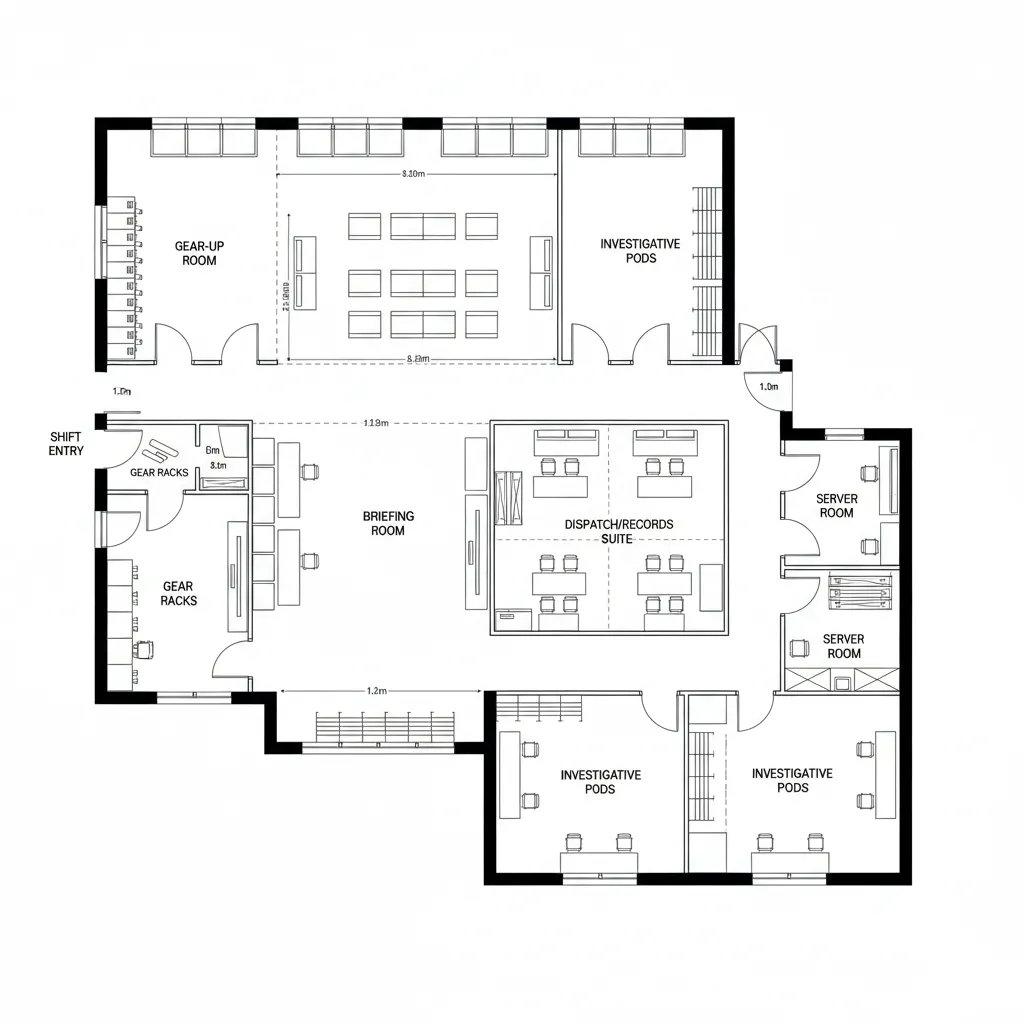 Top-down CAD plan of ops core with briefing, dispatch, pods, and storage